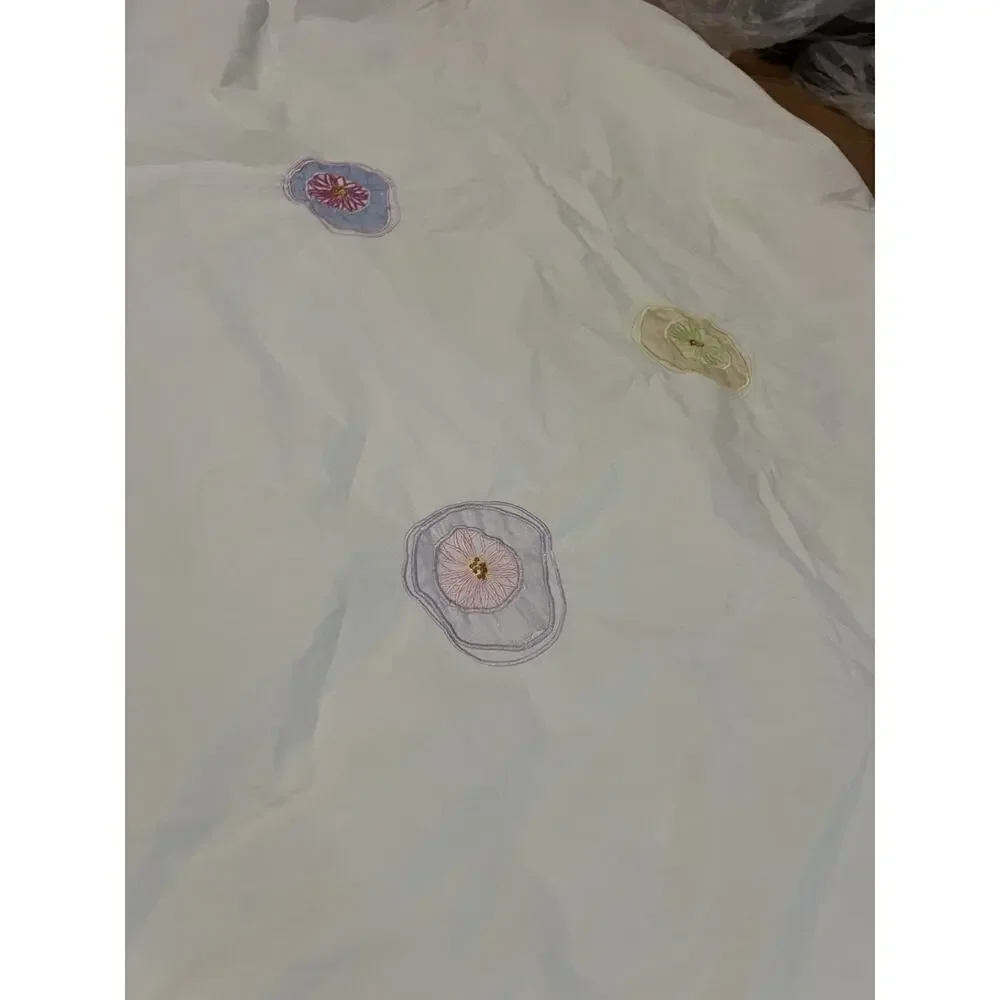 Elegant Floral Embroidered Twin XL Duvet Cover White Green 100% Cotton